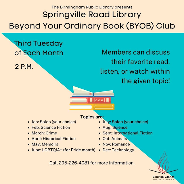 Graphic flyer of the Beyond Your Ordinary Book (BYOB) Club with all the dates listed.