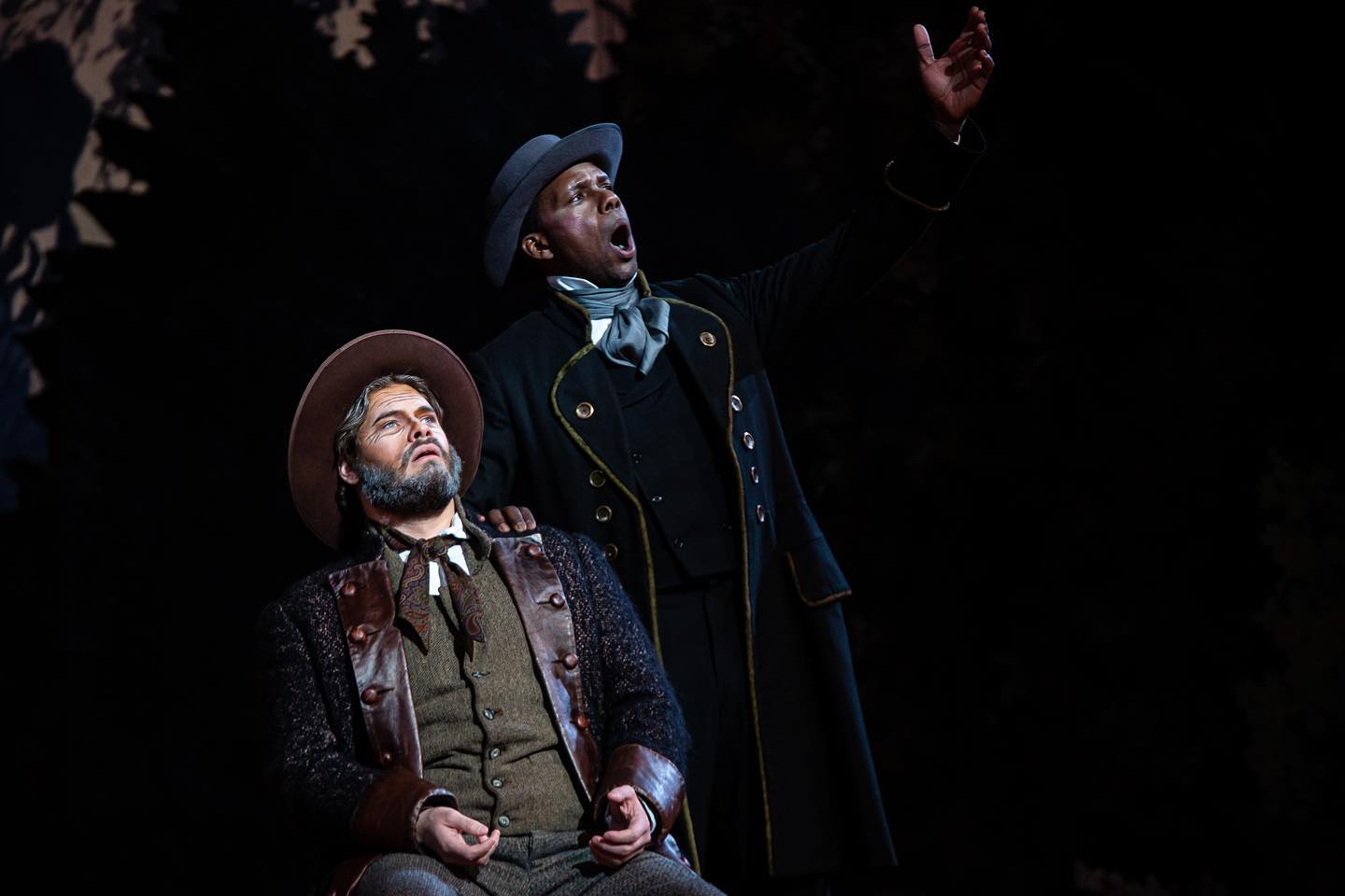 IN REVIEW: baritones SCOTT LEE as Antonio (left) and MICHAEL REDDING as Il prefetto (right) in A.J. Fletcher Opera Institute's February 2022 production of Gaetano Donizetti's LINDA DI CHAMOUNIX [Photograph © by André Peele; used with permission]