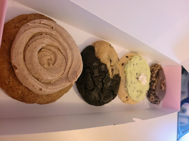 Churro, "Double Trouble," Mint Chip Ice Cream, and Turtle cookies from Crumbl