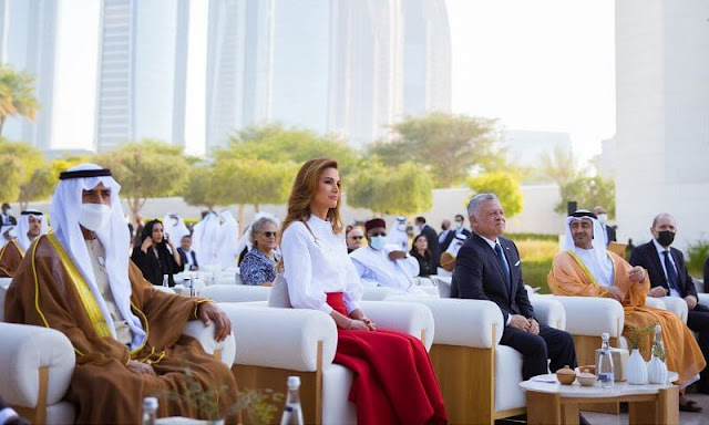 Queen Rania wore a ruth wool-crepe red midi skirt from Emilia Wickstead. The 2022 Zayed Award for Human Fraternity