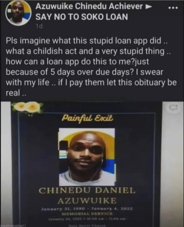 Man Cries out after a Loan app declared him dead and published his Obituary over his Failure to pay his debt on due date