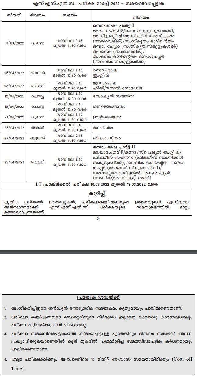 Kerala SSLC Time Table 2022