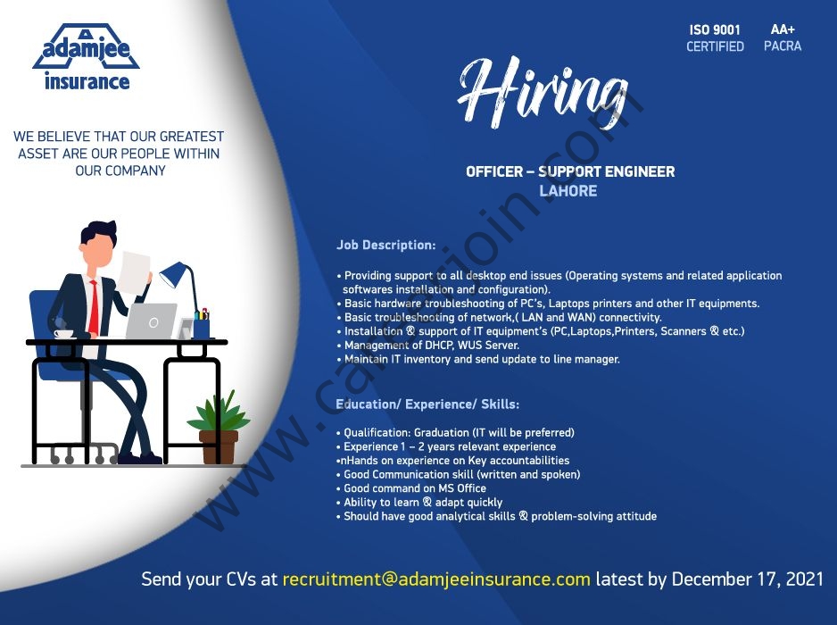 recruitment@adamjeeinsurance.com - Adamjee Insurance Jobs 2022 in Pakistan