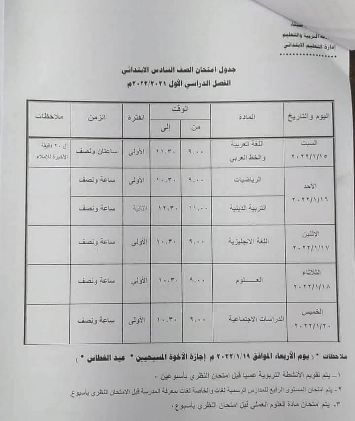 جدول إمتحانات الصف السادس الابتدائى ترم أول محافظة جنوب سيناء