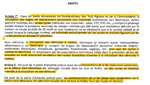 Extrait de l'arrêté préfectoral réglementant la pratique du vélo dans la forêt de Fontainebleau