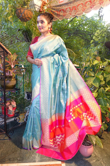 Ektara silk Banarasi saree with Rangkaat pallu