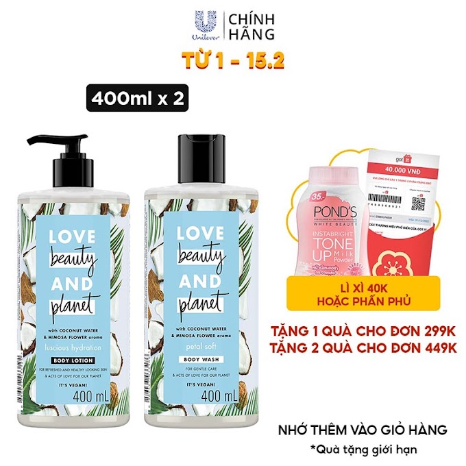 Mall Shop [ unilevervn_beauty ] Combo sữa tắm và sữa dưỡng thể Love Beauty and Planet chăm da mềm mịn với 100% dừa tươi organic và hoa mimosa 400ml