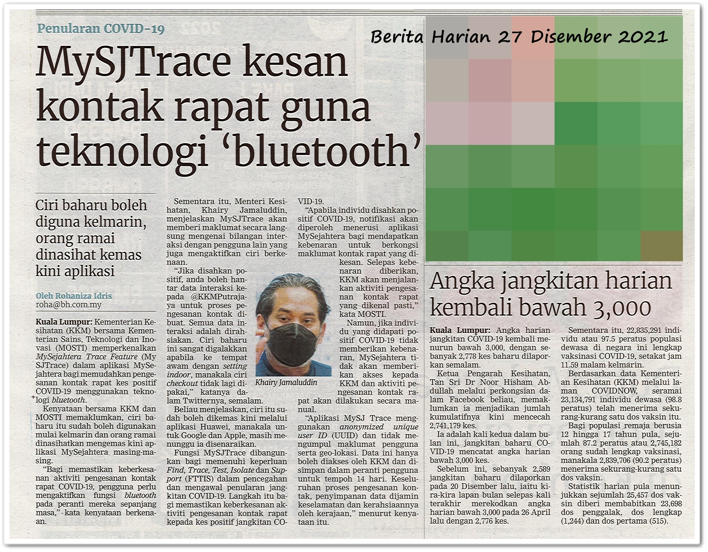 MySJTrace kesan kontak rapat guna teknologi 'bluetooth' - Keratan akhbar Berita Harian 27 Disember 2021