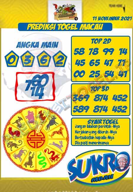 Prediksi Mbah Sukro Toto Macau Hari Ini 11-Nov-2021