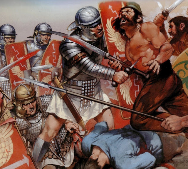 Реконструкция Ангуса Макбрайта сражения римлян с даками начала II века н. э. В основе лежит рельеф, изображённый на следующей иллюстрации.