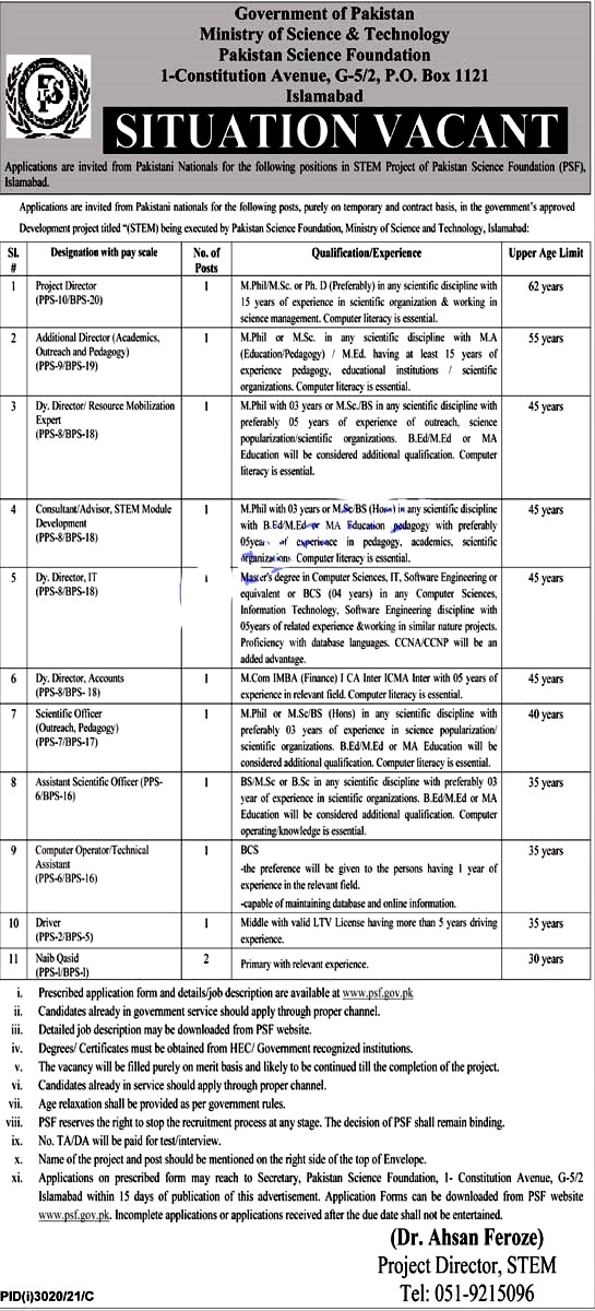 Pakistan Science Foundation PSF Latest Jobs 2021