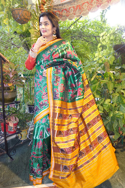 Sambalpuri silk saree in rich green and golden yellow