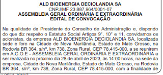 Imagem mostra convocação de acionistas pelo Conselho de Administração da ALD Bioenergia