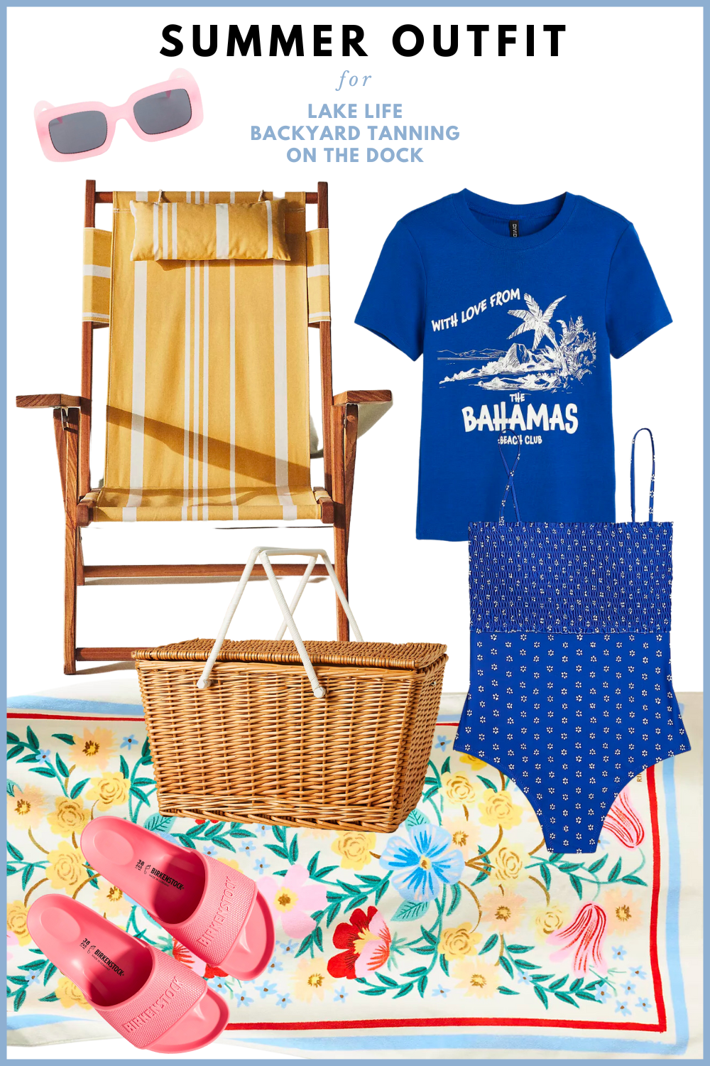 beach gear with one piece swimsuit, sling beach chair, graphic t-shirt and floral beach towel