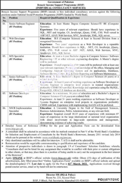 Benazir Income Support Program Jobs BISP 2022 – www.bisp.gov.pk