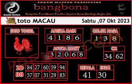 Prediksi Bangbona Toto Macau Sabtu 07 Oktober 2023