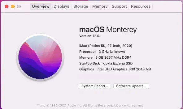 Inside About This Mac Overview, the processor column shows 3 GHz Unknown.