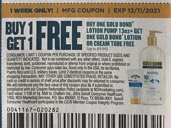 BOGO FREE Gold Bond Lotion Coupon from "SMARTSOURCE" insert week of 10/31/21.