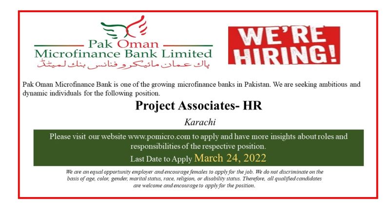 Pak Oman Microfinance Bank Jobs Project Associate- HR.