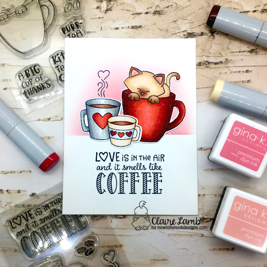Love is in the air and it feels like coffee by Claire features Newton's Mug and Love Cafe by Newton's Nook Designs; #inkypaws, #newtonsnook, #catcards, #cardmaking, #coffeelovers