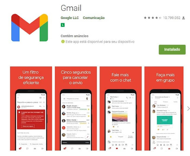 Tela do aplicativo oficial do Gmail