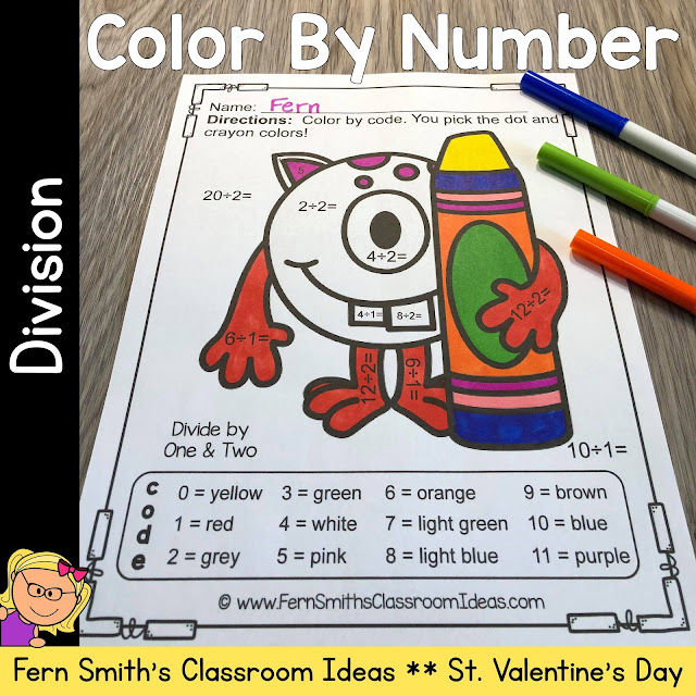 Grab These St. Valentine's Day Color By Number Division Love Monsters Worksheets TODAY!