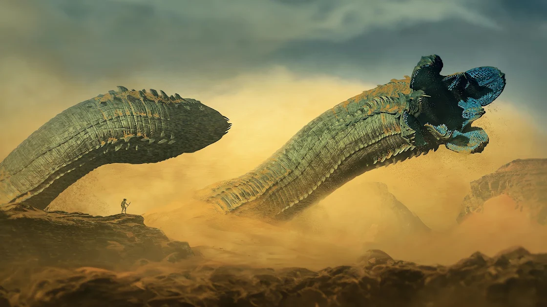 4K wallpaper featuring colossal worm creatures from Dune rising from a sandy desert, facing a solitary figure under a stormy sky.