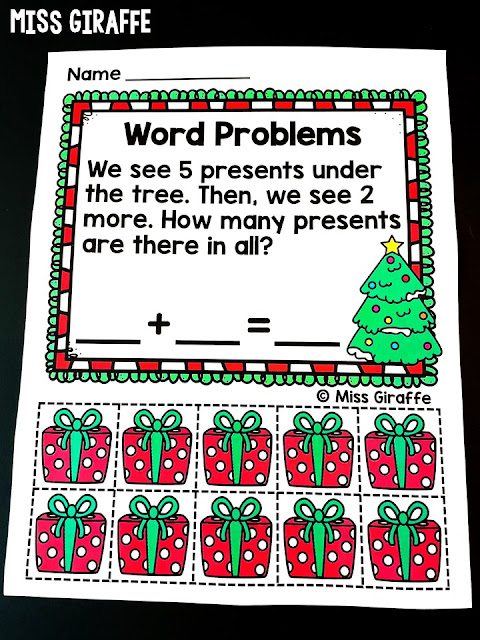 Christmas Addition Word Problems worksheets to practice math in December in a super fun way!