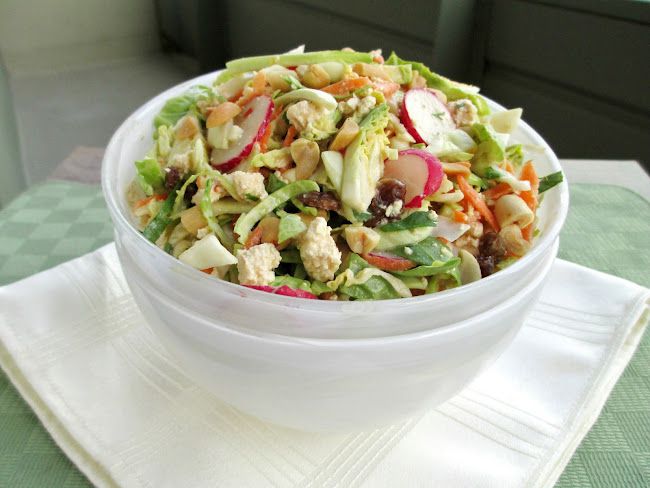 Brussels Sprout, Cabbage and Tofu Slaw with Coconut Peanut Dressing