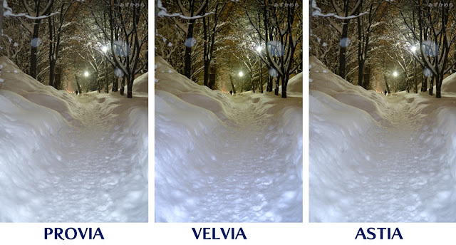 夜の雪景色写真に各種フィルムシミュレーション