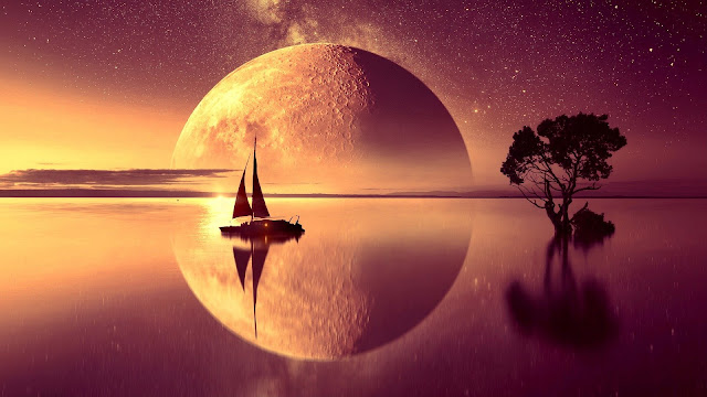 a small sail boat sailing on a lake with a big half moon on the horizon