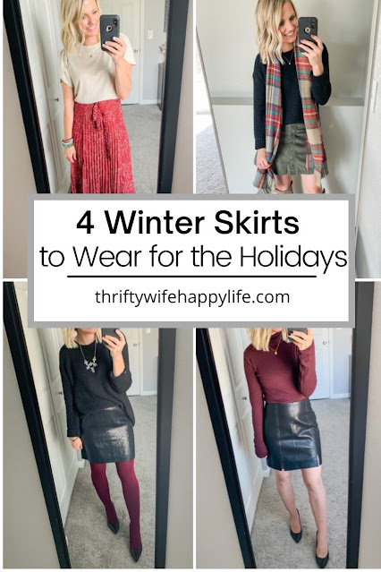 4 holiday outfit ideas wearing different skirts