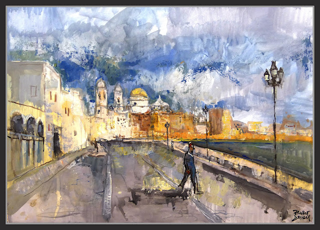 PASEO MARITIMO-CADIZ-PINTURA-CATEDRAL-CIELO-AZUL-MAR-GENTE-FAROLAS-PAISAJES-PINTOR-ERNEST DESCALS-