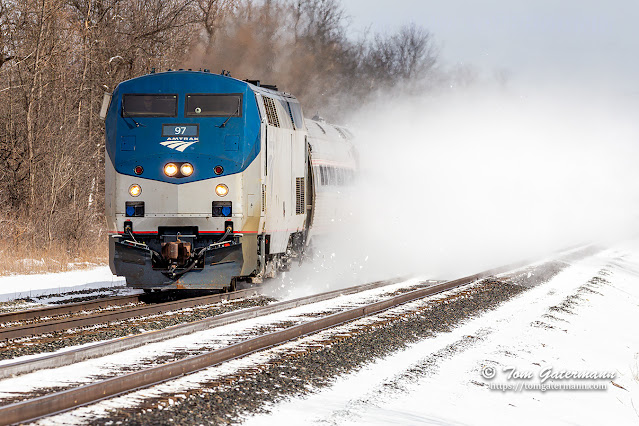AMTK 97 leads the Maple Leaf west at 78MPH as the train blasts the snow back up