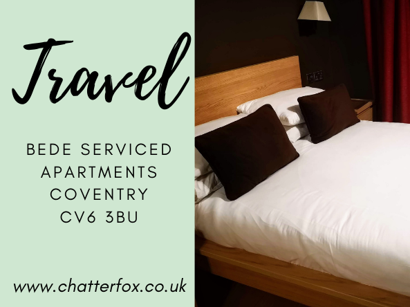 An image of a made bed with white linen and burgundy accessories. Alongside the image is a title that reads 'Travel, Bede Serviced Apartments, Coventry, CV6 3BU, www.chatterfox.co.uk