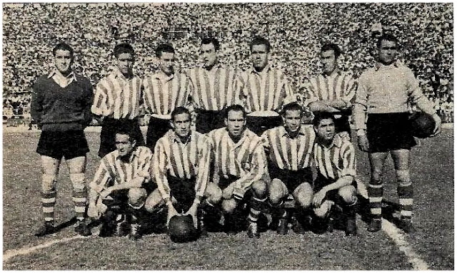 ATLÉTICO DE BILBAO. Temporada 1949-50. Cayetano (portero suplente), Manolín, Canito, Areta, Aramberri, Nando y Lezama. Iriondo, Venancio, Zarra, Panizo y Gainza. ATLÉTICO DE BILBAO 4 REAL VALLADOLID DEPORTIVO 1. Domingo 28/05/1950, 17’30 horas. XLVI Copa del Generalísimo, final. Madrid, estadio de Chamartín