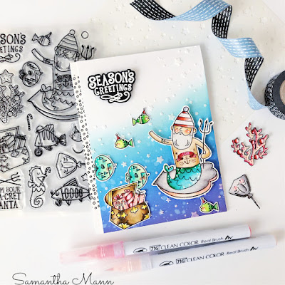 SEA-son's Greetings Card by Samantha Mann, Get Cracking on Christmas Cards, Card Making, Distress Inks, Waffle Flower, #waffleflowersamps #cardsmaking #christmas #christmascard #distressinks