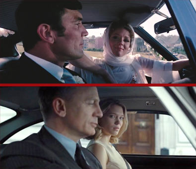 George Lazenby and Diana Rigg in On Her Majesty's Secret Service; Daniel Craig and Lea Seydoux in No Time To Die