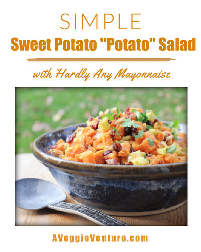 Simple Sweet Potato 'Potato' Salad with Hardly Any Mayonnaise ♥ AVeggieVenture.com. Great crunch, touch of sweetness, a few dried cranberries.