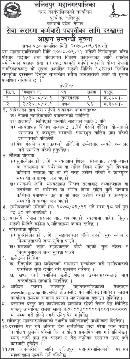 Lalitpur Metropolitan City Vacancy for Supervisor and Ganak