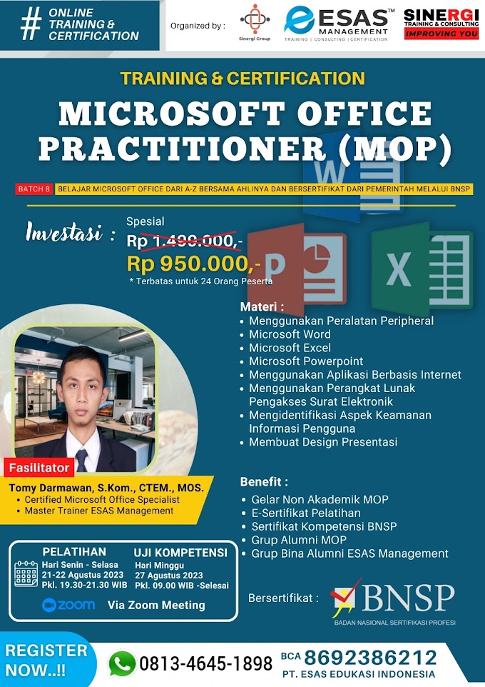WA.0813-4645-1898 | Microsoft Office Practitioner (MOP), Sertifikasi BNSP RI Microsoft Office 21 Agustus 2023