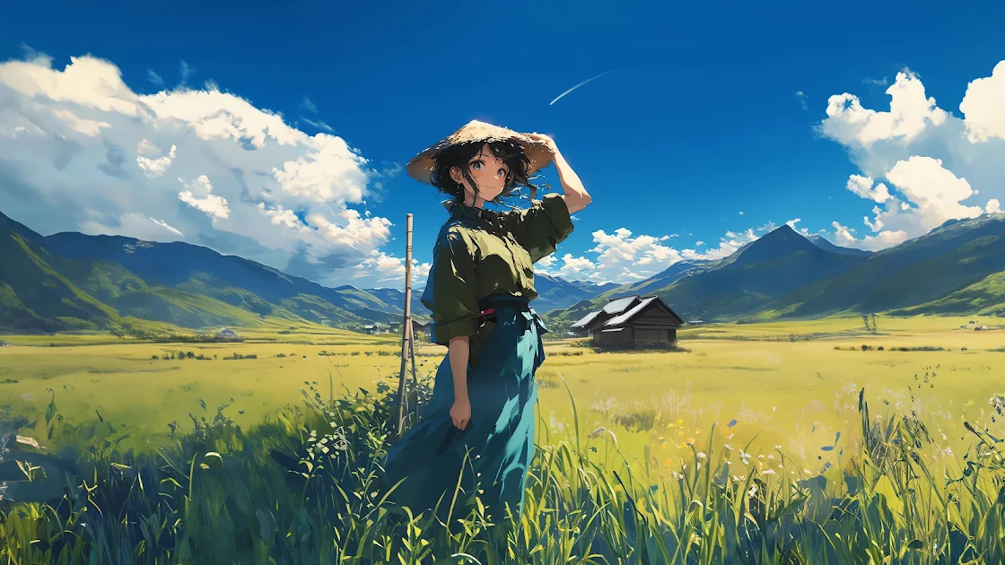 A high-resolution 4K anime wallpaper depicting a girl in a green dress standing amidst a vibrant countryside landscape with mountains in the background.