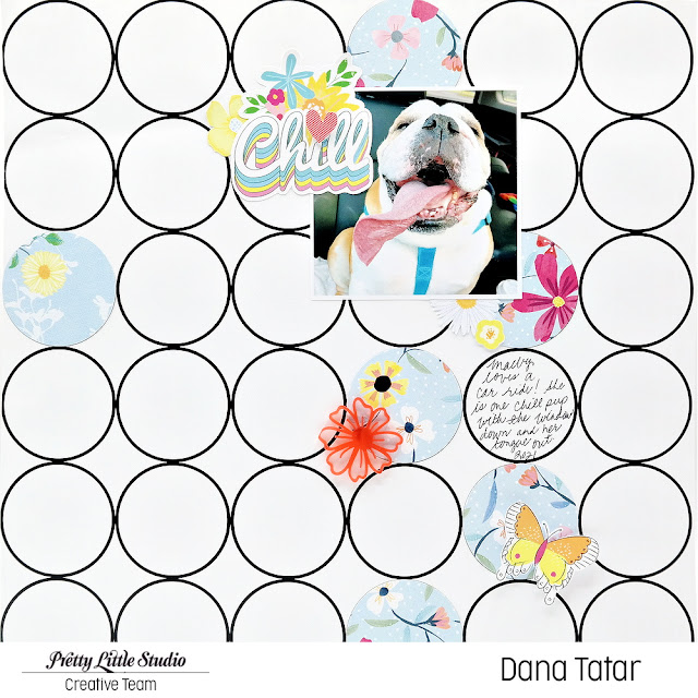 Fun and colorful 12x12 scrapbook layout featuring a bulldog and spring flowers on embellished 2-inch Pretty Little Studio patterned paper circles.