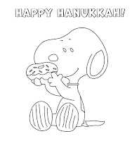 Snoopy eats a donut on Hanukkah coloring page