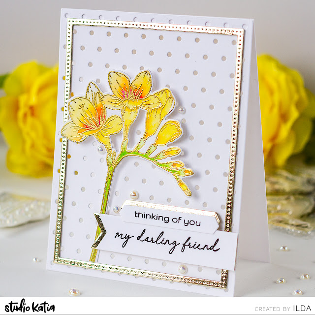 Thinking of You, Freesia Floral Card,Studio Katia, Card Making, Stamping, Die Cutting, handmade card, ilovedoingallthingscrafty, Stamps, how to,  Spring, Friendship card, See through,Mini Polka Dots Cover Die,