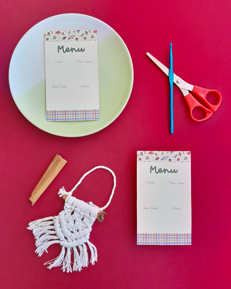 menu cards, macrame, cinnamon sticks, plaid pattern, wild flowers, scissors, plate, crochet hook, country aesthetics, simple living