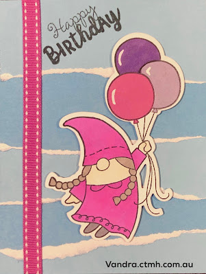 #CTMHVandra, gnomes, Colour Dare Challenge, tri-blend markers, birthday card, cardmaking, wild berry, Pink, purple, Balloon, Ribbon, cardstock, colouring, happy birthday, clouds,