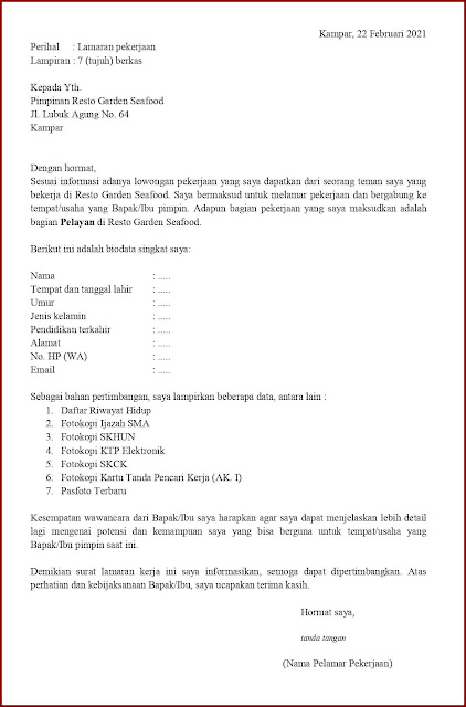 Contoh Application Letter Untuk Pelayan Restoran (Fresh Graduate) Berdasarkan Informasi Dari Seseorang