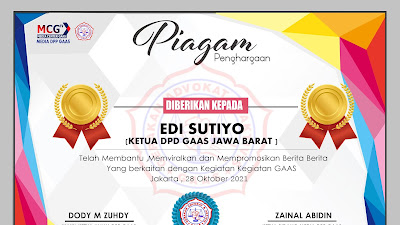 Sertifikat Penghargaan kepada orang orang yang peduli dan cinta terhadap kegiatan kegiatan GAAS dengan lewat memviralkan dan mempromosikan GAAS dimanapun berada