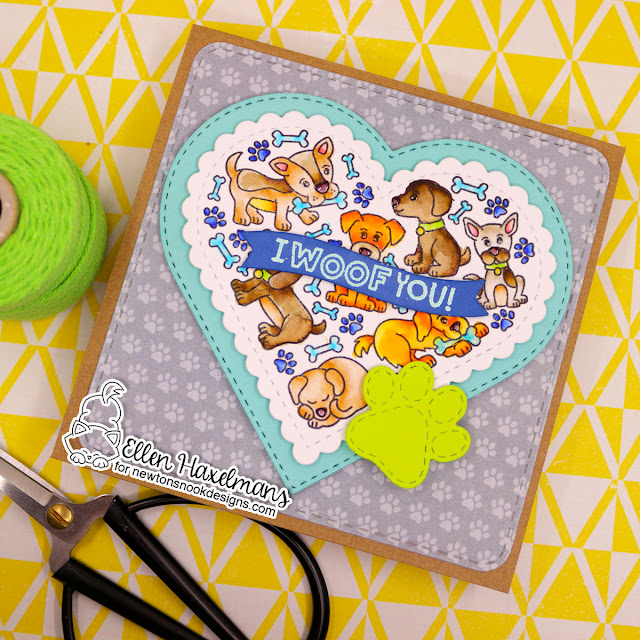 I Woof You! Dog card by Ellen Haxelmans | Heartfelt Woofs Stamp Set, Heart Frames Die Set, Love & Meows Paper Pad, Frames Squared Die Set and Bookmark Die Set by Newton's Nook Designs